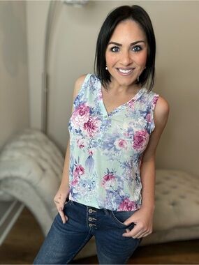 Small Mint Floral Sleeveless Henley Tank with Pink Roses